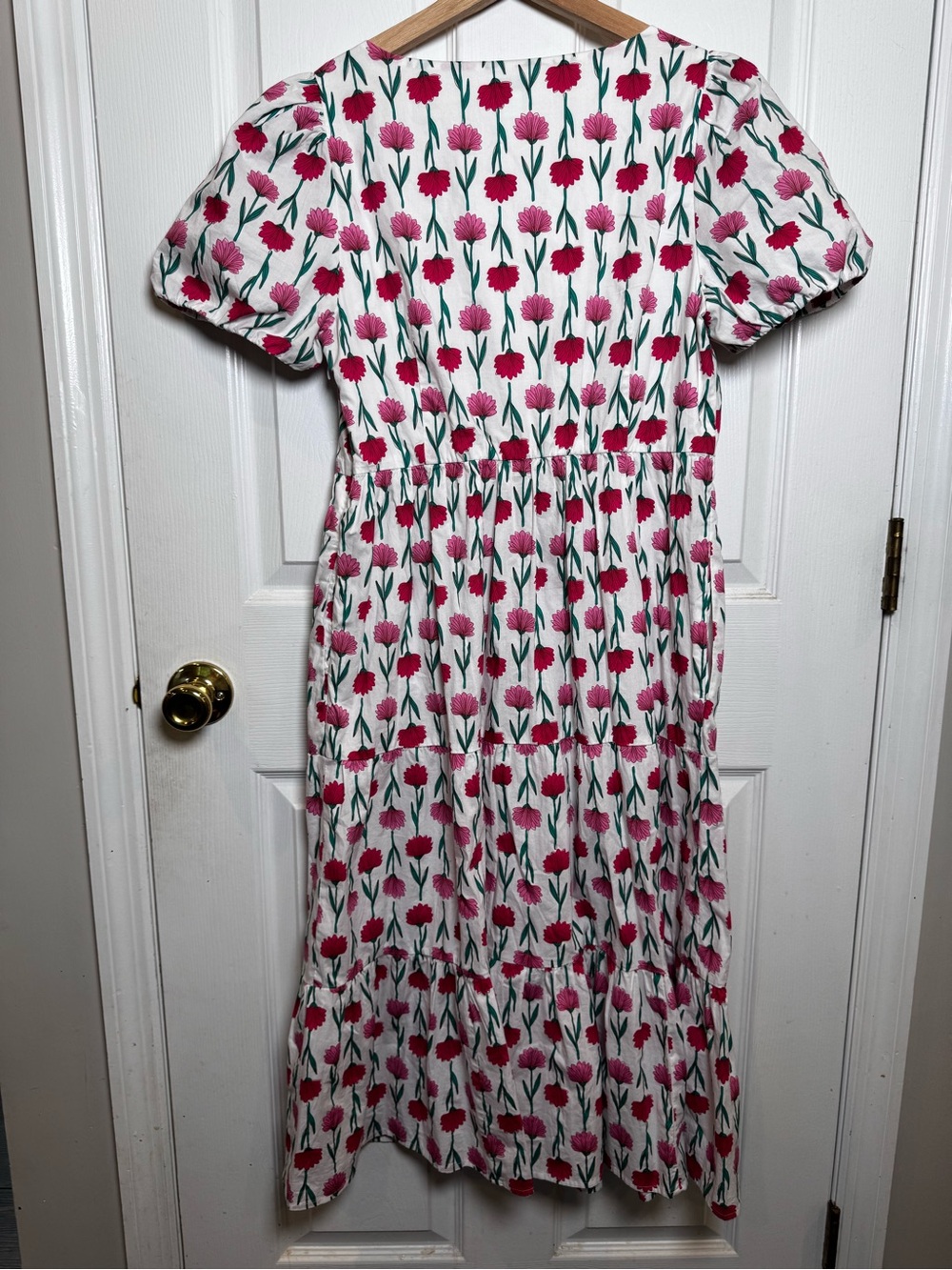 J.Crew Floral Puff Sleeve Midi Dress Size 8 White Pink Cotton Tiered Pockets - Picture 12 of 12